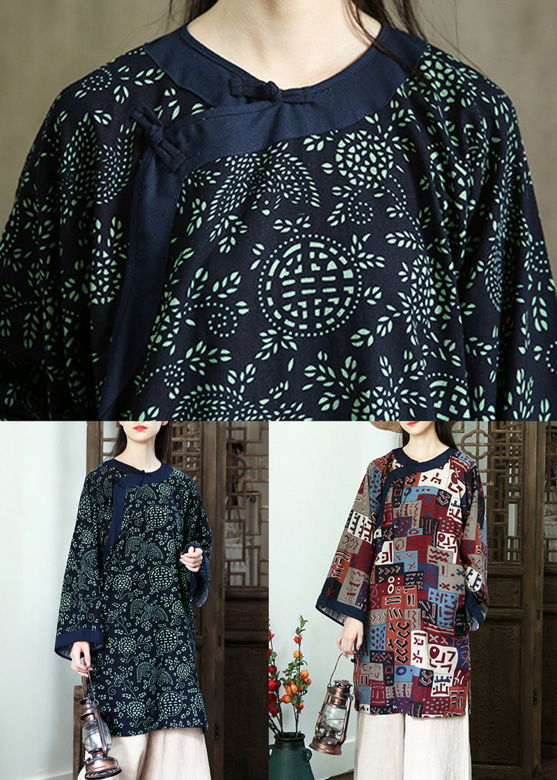 Navy Print Button Patchwork Cotton Mid Dress Fall