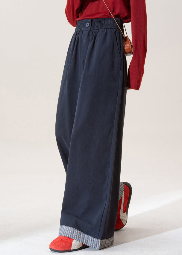 Stylish Blue Elastic Waist Patchwork Denim Wide Leg Pants Spring