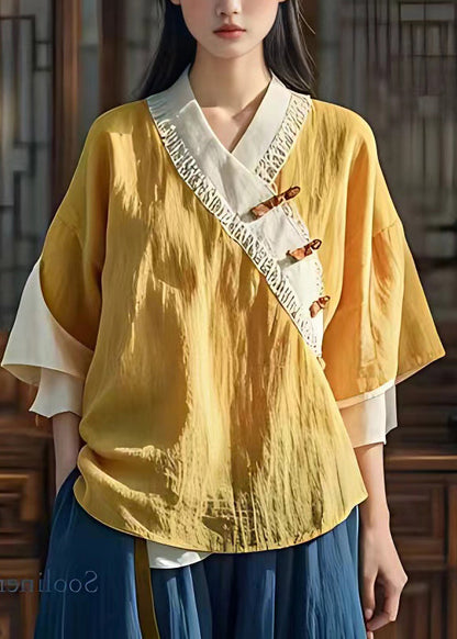 Yellow V Neck Button Shirt Fall
