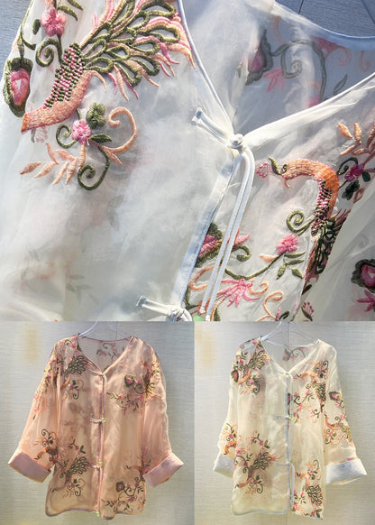 French Apricot Embroideried Button Patchwork Thin Tulle Tops Fall