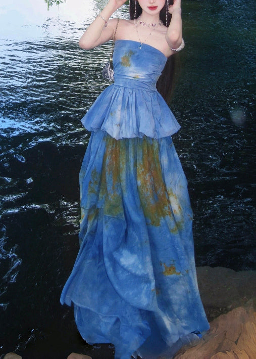 Sea Blue Cold Shoulder Tie Dye Two Pieces Set Summer