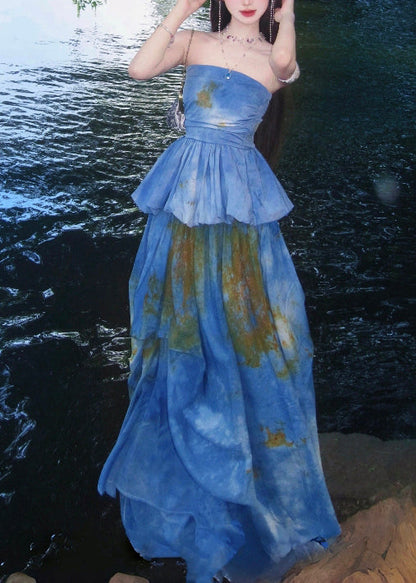 Sea Blue Cold Shoulder Tie Dye Two Pieces Set Summer