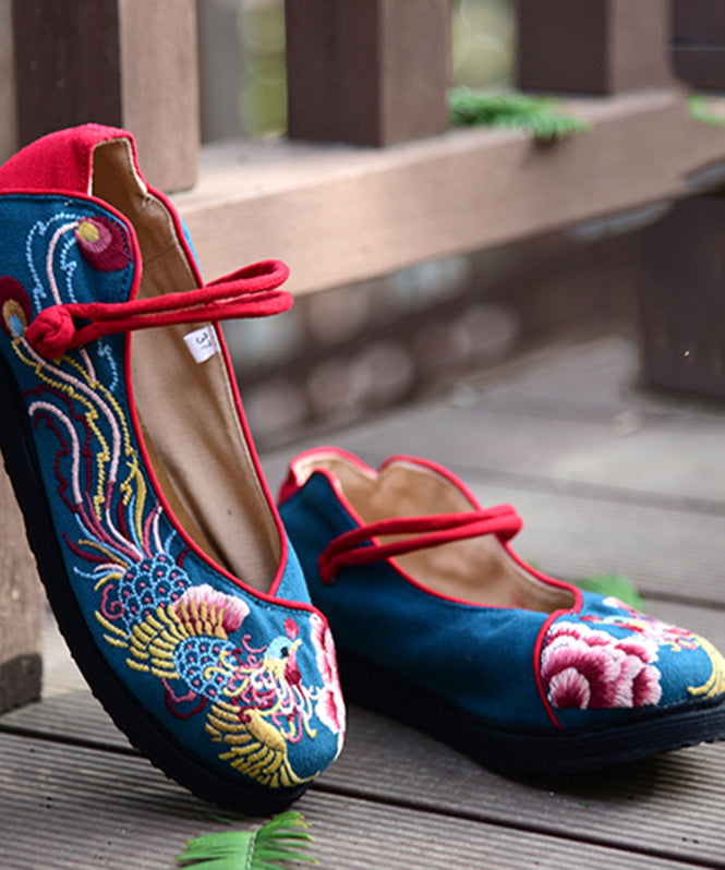 Blue Embroideried Flat Feet Shoes Cotton Fabric Buckle Strap Flat Shoes for