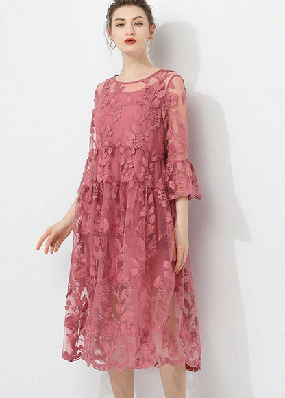 Pink Embroideried O-neck Two Pieces Set Lace Dress