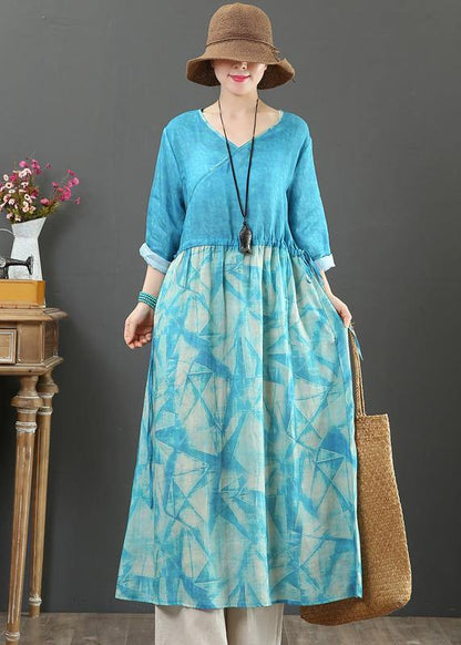 Simple Blue Print Tunic Pattern V Neck Patchwork a Line Spring Dress