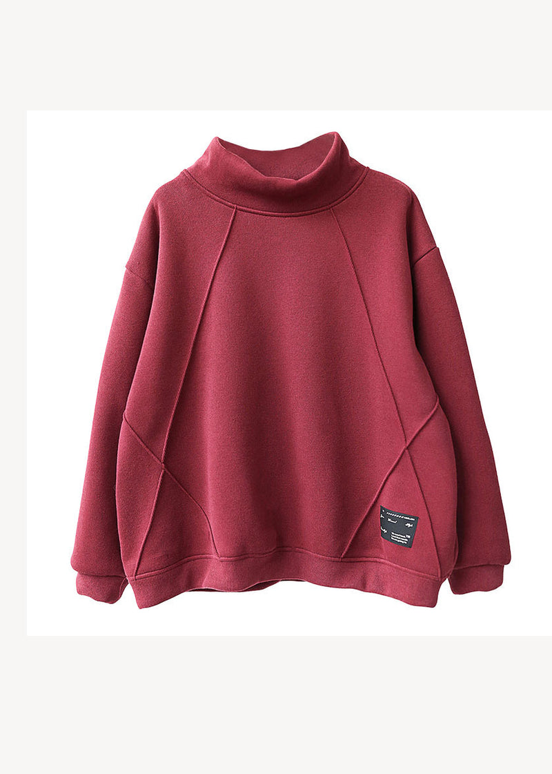 Red Hign Neck Warm Fleece Pullover Sweatshirt Top Winter