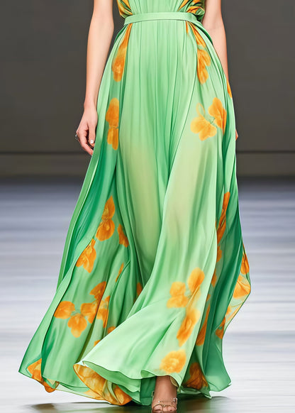 Grass Green Print Chiffon Vacation Dresses Exra Large Hem Summer