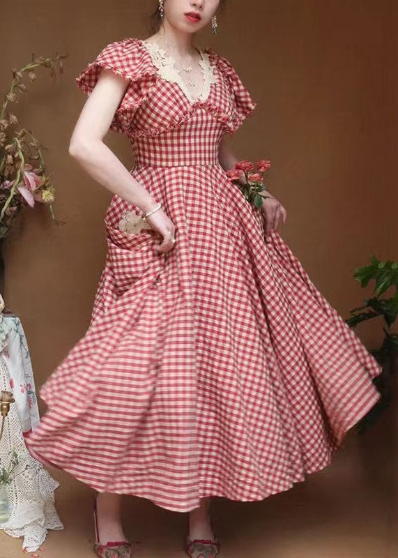Classy Plaid V Neck Ruffled Pockets Cotton Dresses Summer