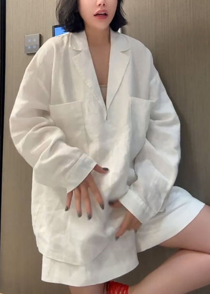 Loose White Peter Pan Collar Shirts and Shorts Linen Two Piece Set Summer
