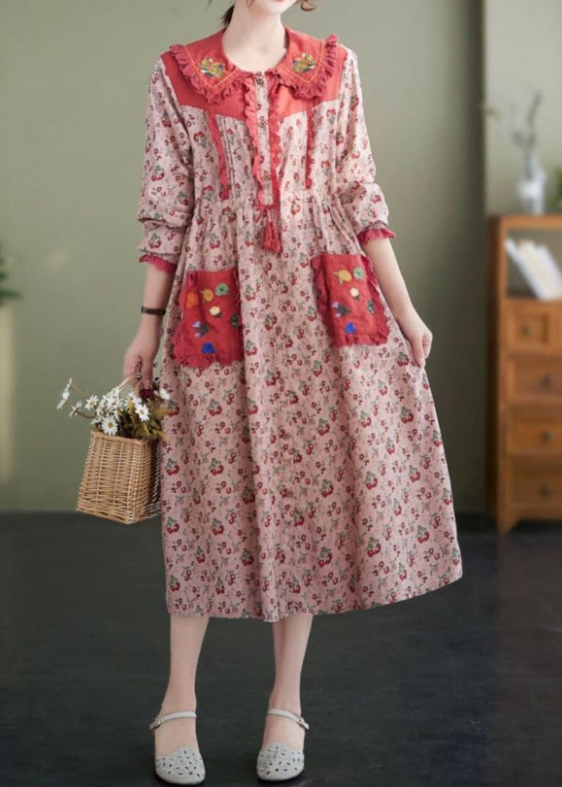 New Pink Ruffled Print Laceup Cotton Dress Spring
