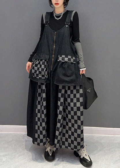 Black Patchwork Cotton Denim Strap Dresses Spring