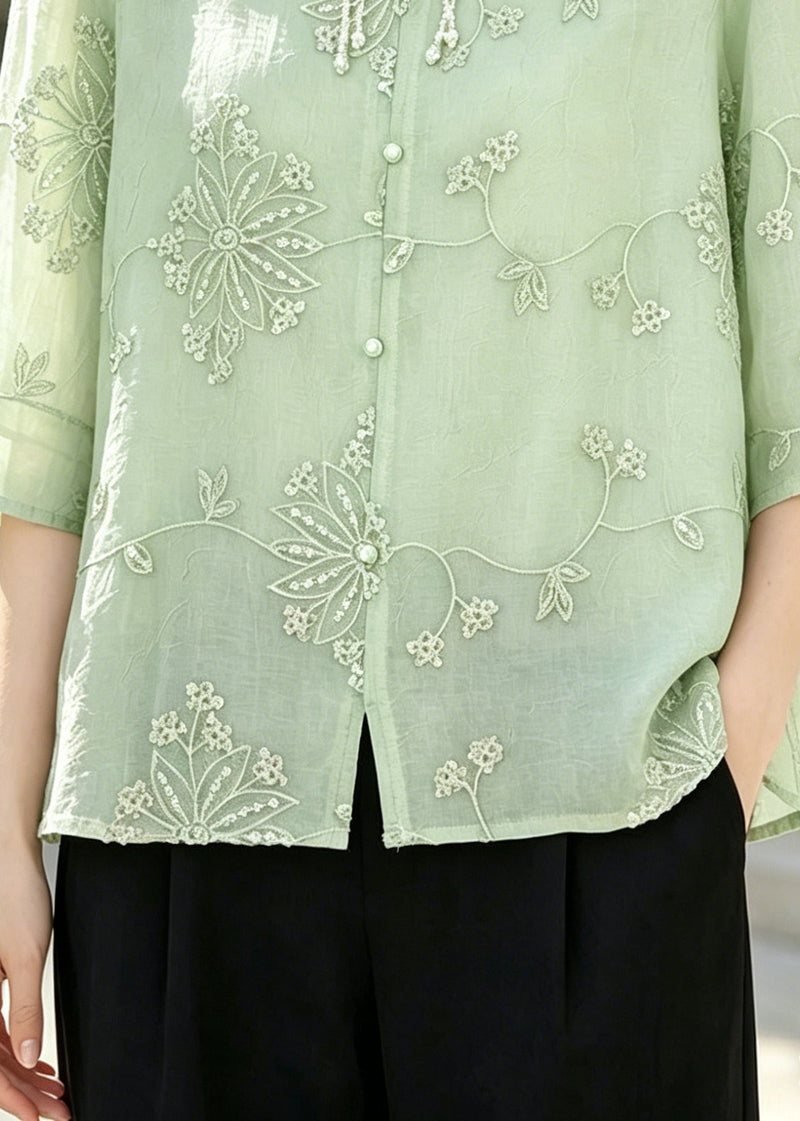 Italian Green Embroidered Tasseled Chiffon Blouses Half Sleeve