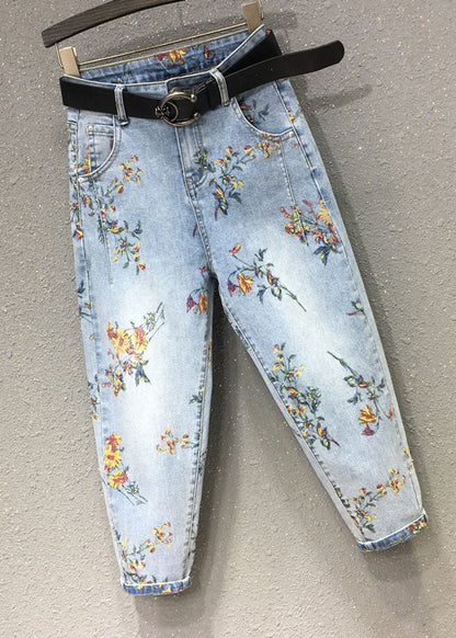 Light Blue Print Patchwork Crop Jeans Fall