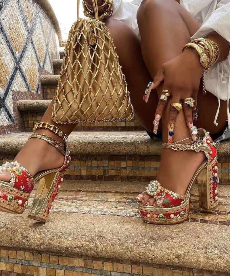 Red Zircon Nail Bead Embroidered Platform Heels Sandals