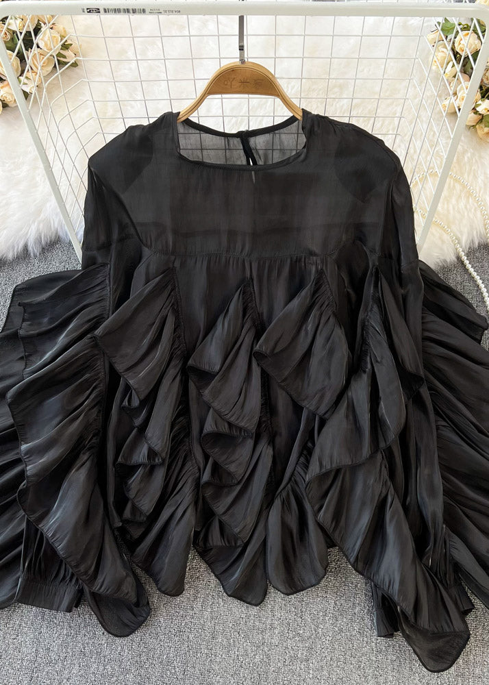 Black O-neck Ruffled Patchwork Button Silk Top Long Sleeve Spring