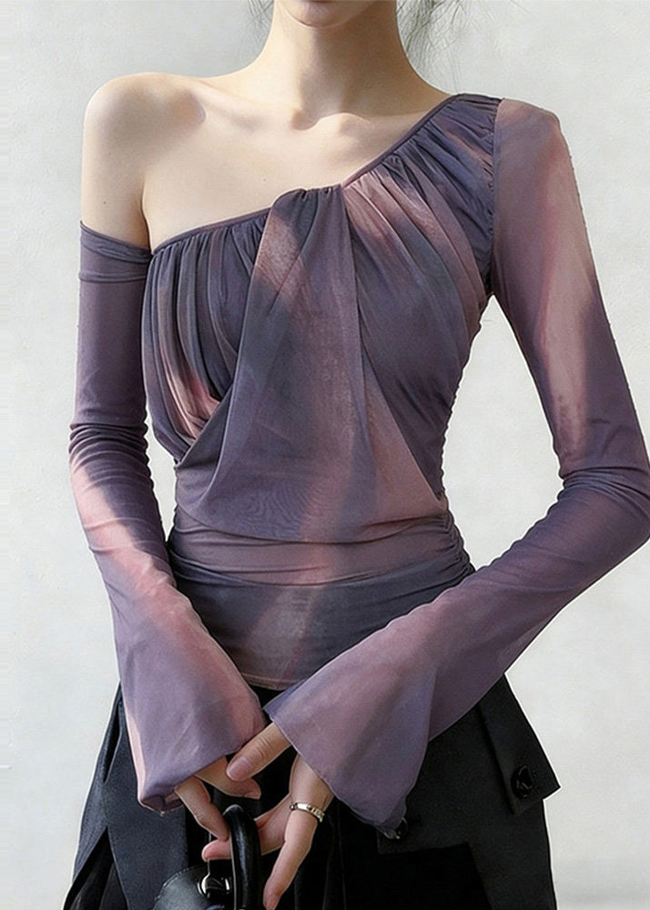 Purple One Shoulder Wrinkled Tulle Shirt Spring