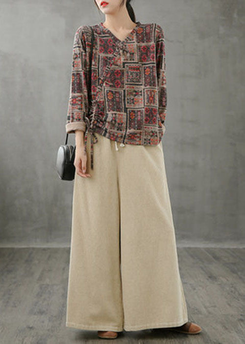 Red V Neck Print Drawstring Cotton Shirt Long Sleeve