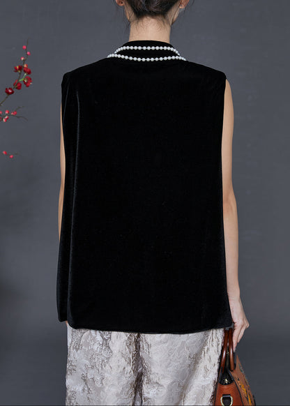Black Sequins Mandarin Collar Silk Velour Vests Spring