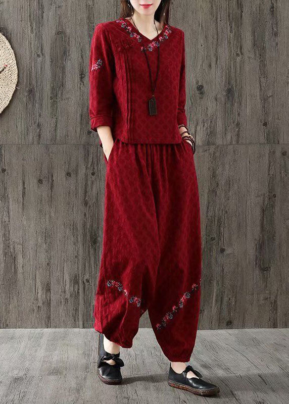 Red V Neck Wrinkled Embroideried Cotton Two Piece Set Spring