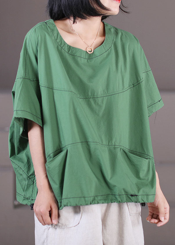 Green Pockets Cotton Tank Tops O-neck Drawstring Short Sleeve