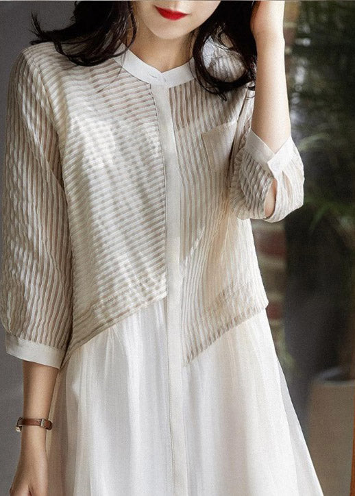 Beige O-neck Striped Pockets Fake Two Pieces Tulle Dresses Long Sleeve