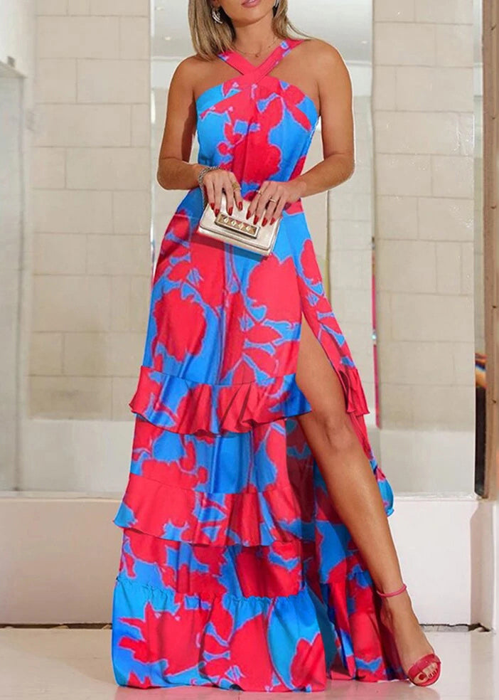 Blue Print Side Open Cotton Ankle Dress Sleeveless