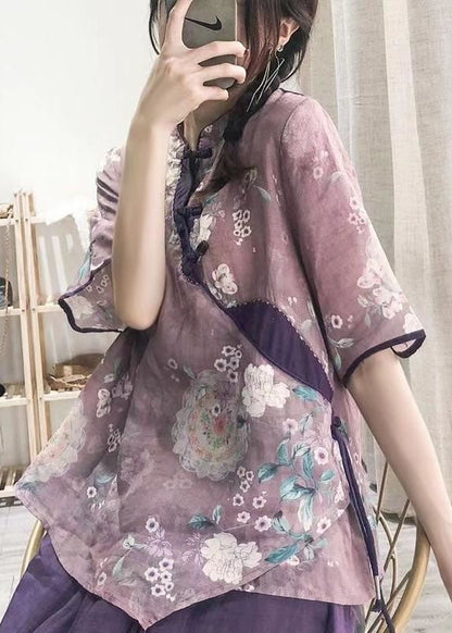 Purple Button Print Shirt Tops Half Sleeve