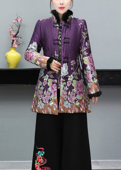 Purple Fur Collar Print Fine Cotton Filled Coat Long Sleeve
