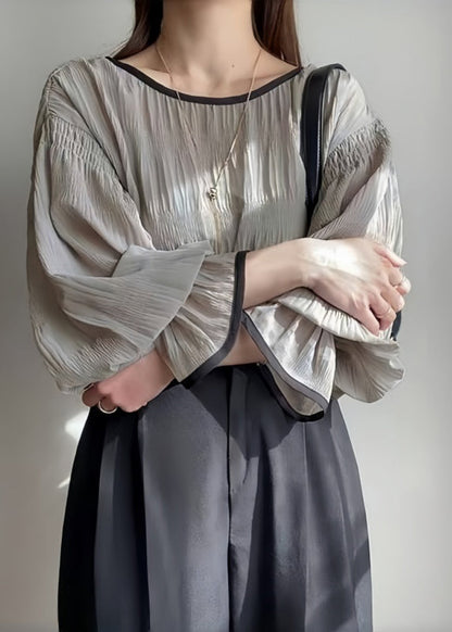 Italian Grey Oversized Wrinkled Chiffon Tops Puff Sleeve