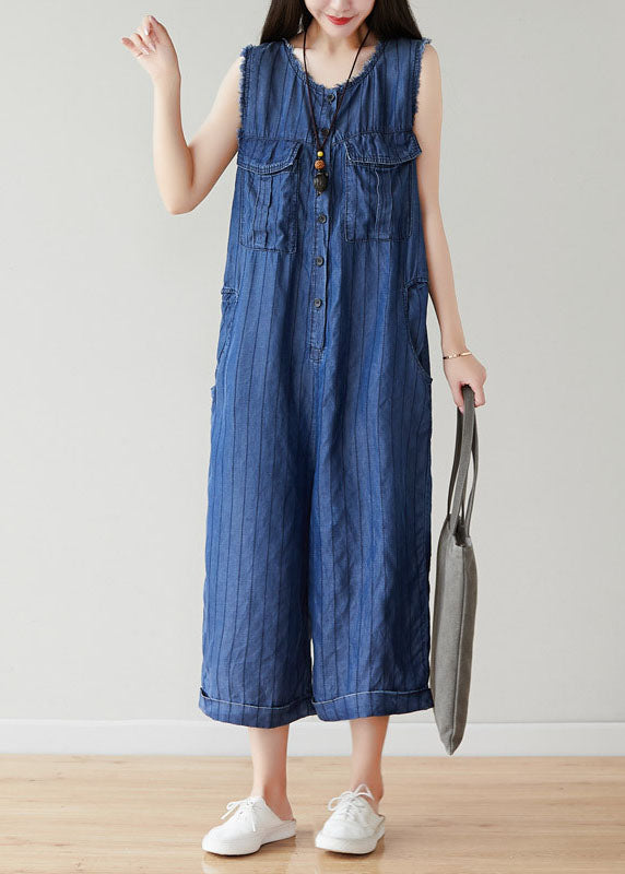 Classy Navy O-neck Striped Cotton Jumpsuits Wide Leg Pants Sleeveless
