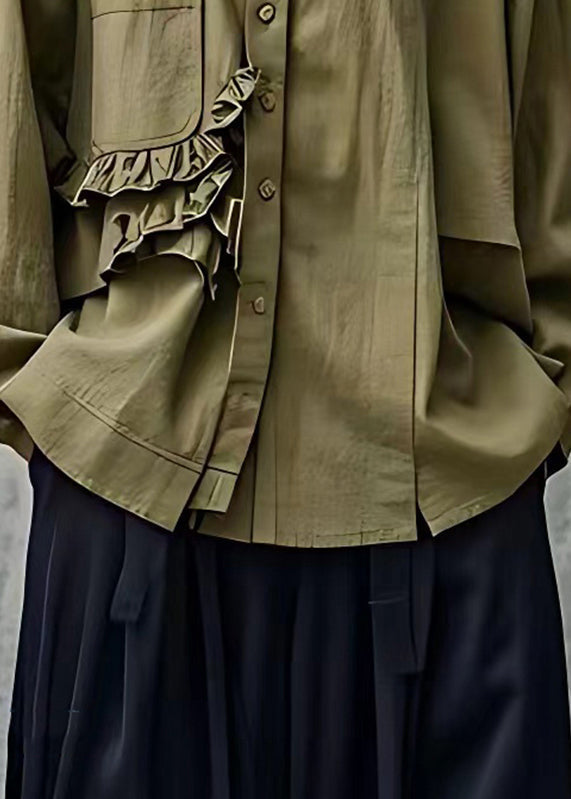 Simple Army Green Ruffled Patchwork Button Tops Fall