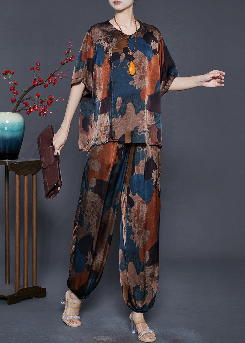 Blue Print Silk Sets 2 Pieces Oversized Summer