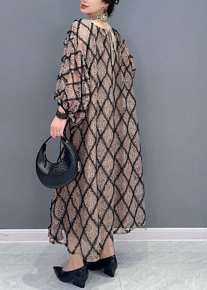 Plaid O Neck Patchwork Tulle Long Dress Fall