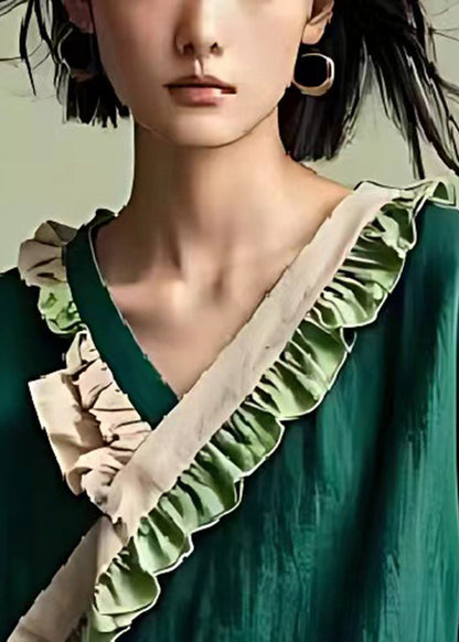 Blackish Green Ruffled Patchwork Linen Top Summer