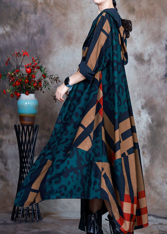 Green Patchwork Plaid Button Print Asymmetrical Design Fall Coat