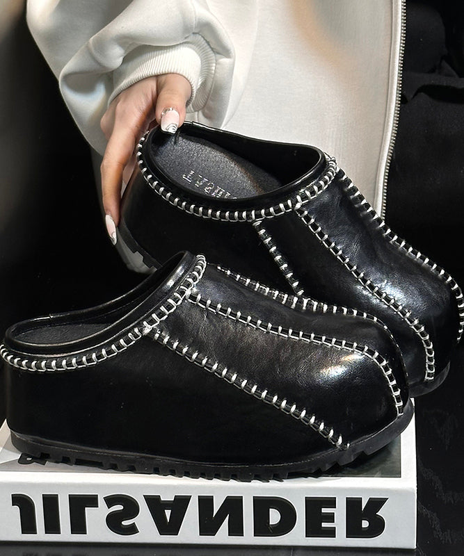 Comfy Splicing Platform Black Cowhide Leather Slide Sandals