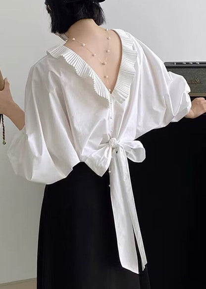 White Ruffled Patchwork Shirt Batwing Sleeve