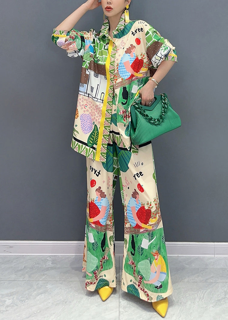 Multicolor Peter Pan Collar Print Shirts and Wide Leg Pants Two Pieces Set Fall