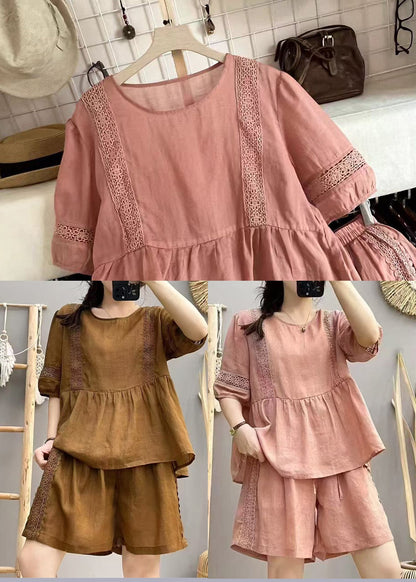 Style Pink Oversized Patchwork Linen Sets 2 Pieces Summer