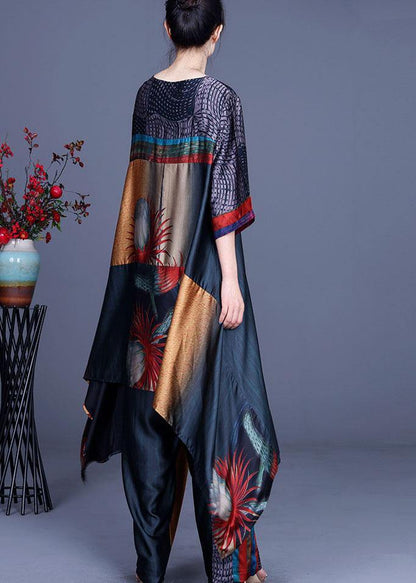 Italian Print Chiffon Asymmetrical Design Wide Leg Two Pieces Set