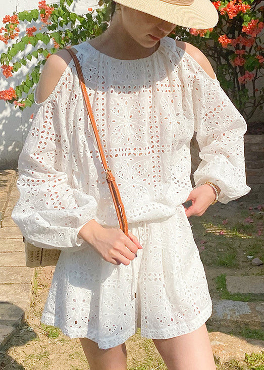 New White Hollow Out Tops and Shorts Cotton Two Pieces Set Summer