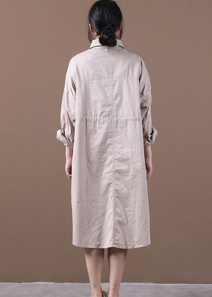 Khaki Drawstring Side Open Cotton Shirt Dress Long Sleeve