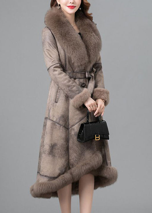 Khaki Fox Collar Tie Waist Fuzzy Rabbit Leather and Fur Coats Winter