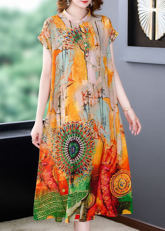 Yellow Stand Collar Print Patchwork Silk Dress Summer