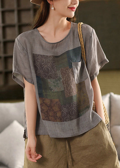 Skin Pink O Neck Print Pockets Linen T Shirts Summe