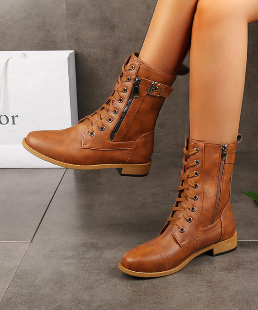 Brown Cross Strap Zippered Splicing Chunky Boots