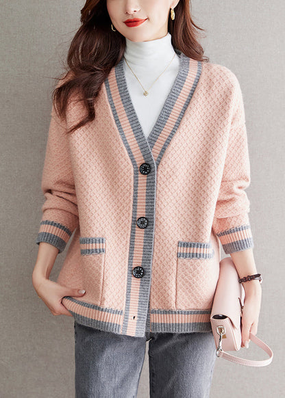 Pink V Neck Button Patchwork Knit Cardigan Fall