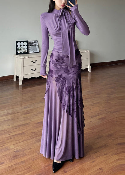 Novelty Purple Lace Up Tulle Patchwork Tops and Skirts Two-piece Set Spring