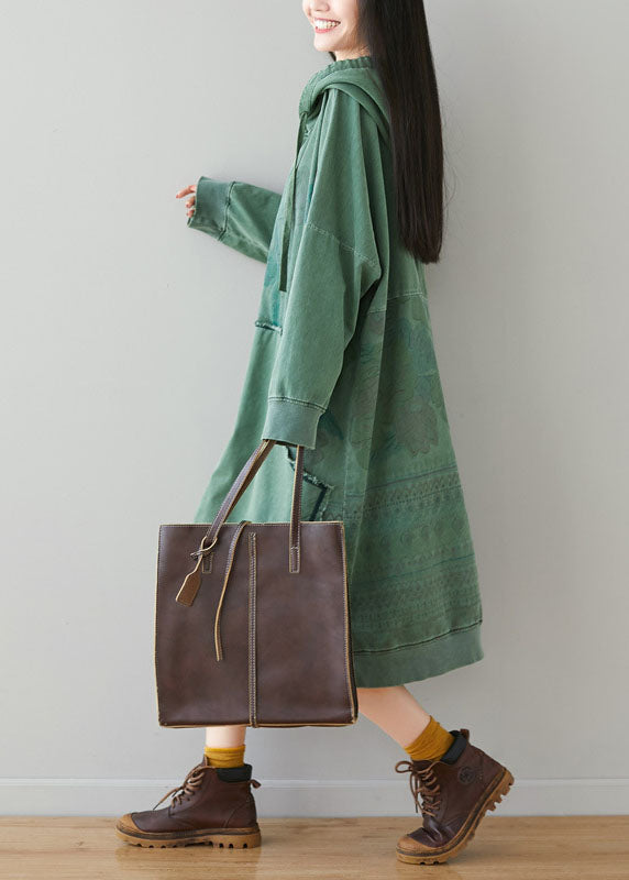 Light Green Sweatshirt Dresses Hooded Drawstring Pockets Spring