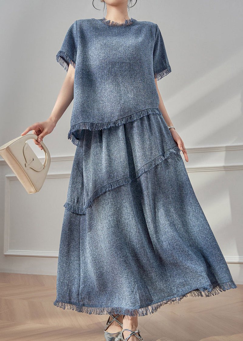 Blue Tassel Patchwork T Shirt and Maxi Skirts Two Pieces Set Short Sleeve